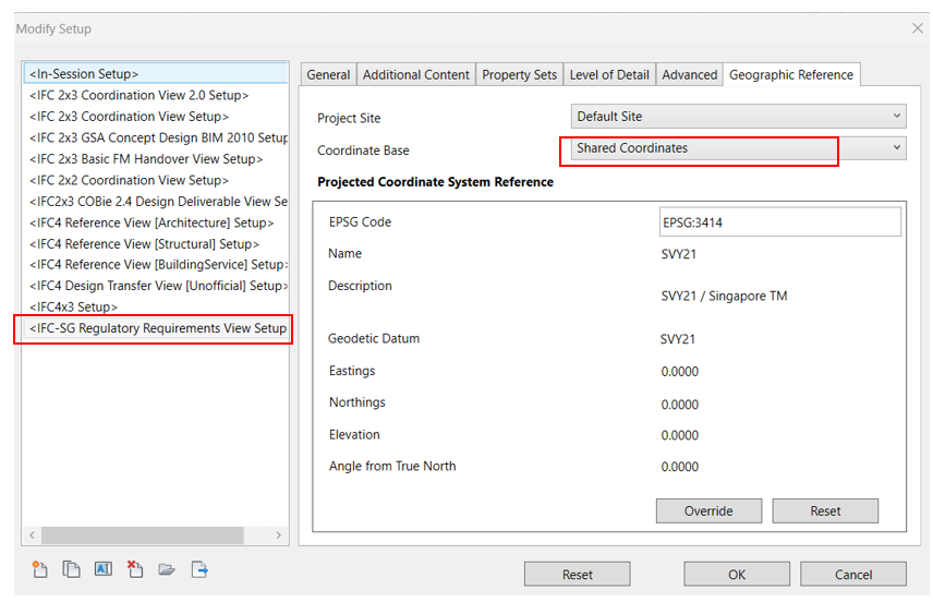 IFC Export dialogue window